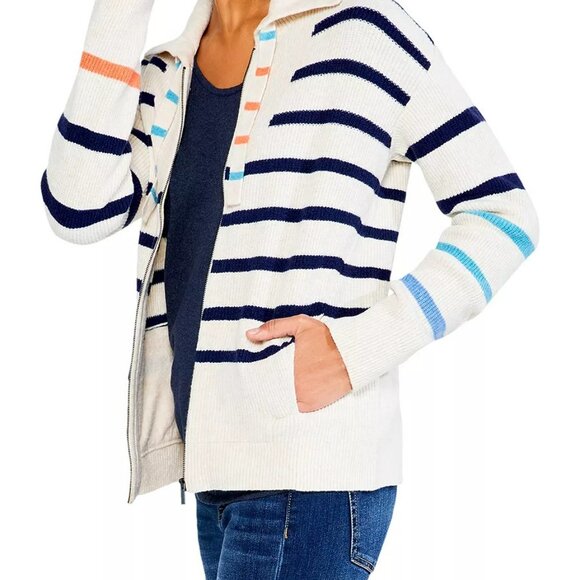 NIC+Zoe Cardigan Medium Zip Front Collar Cream Stripes Preppy Sporty - Picture 2 of 13